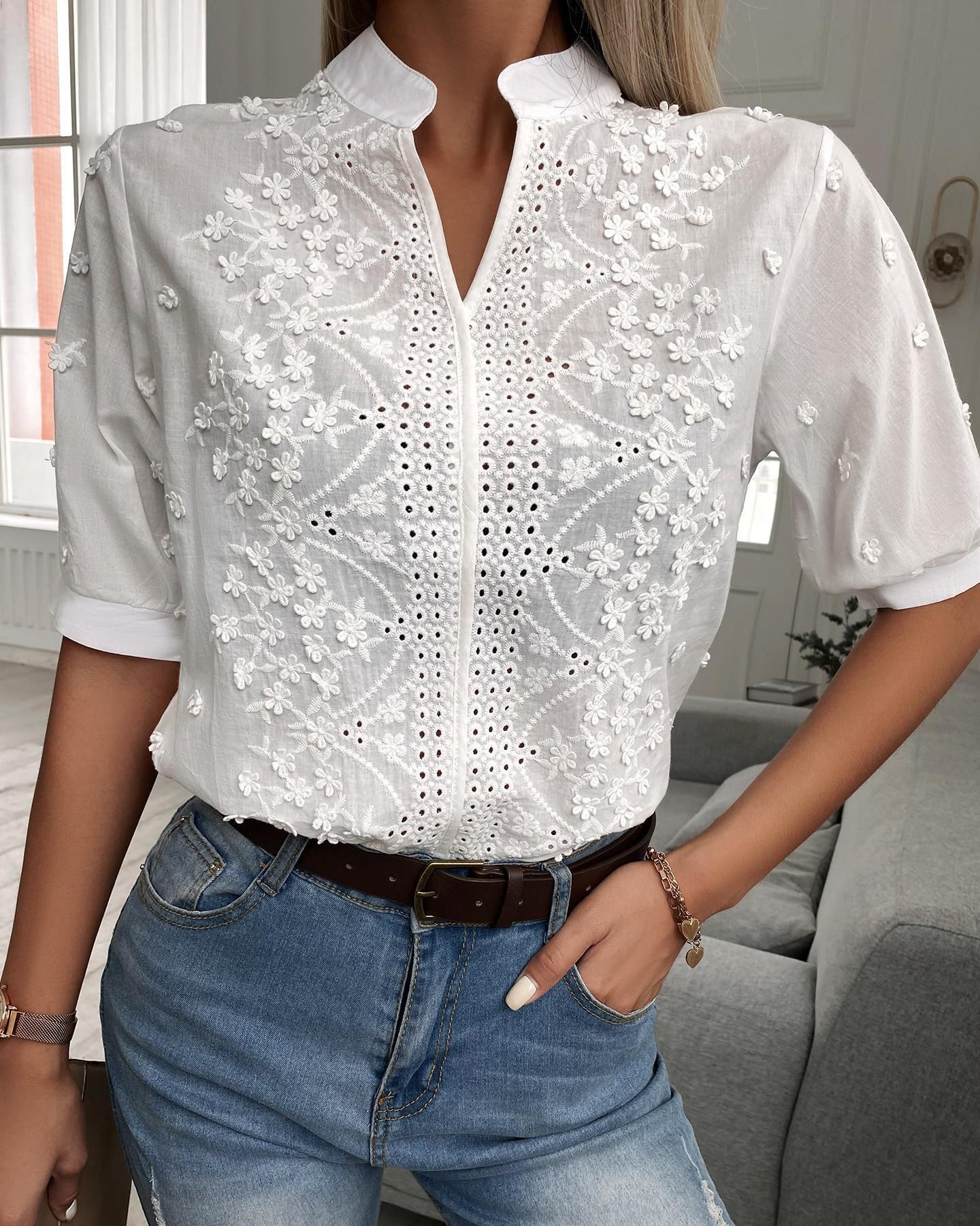 🌸 Women's V-Neck Stand Collar Embroidered Lace Blouse FitiqueFit