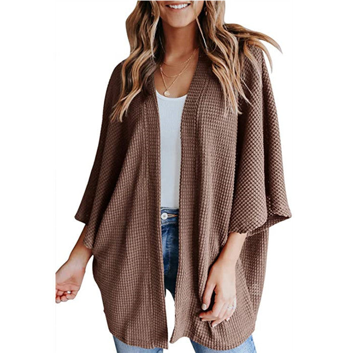 Women’s Bat Sleeve Knit Cardigan – Waffle Texture Open Front Sweater CJ US