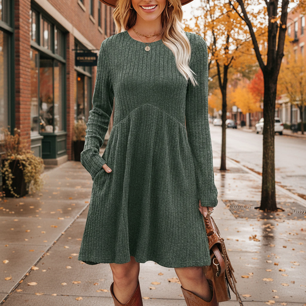 Women's Solid Color Long Sleeve Knit Dress Round Neck Pocket Shift Dress For Spring & Fall CJ US