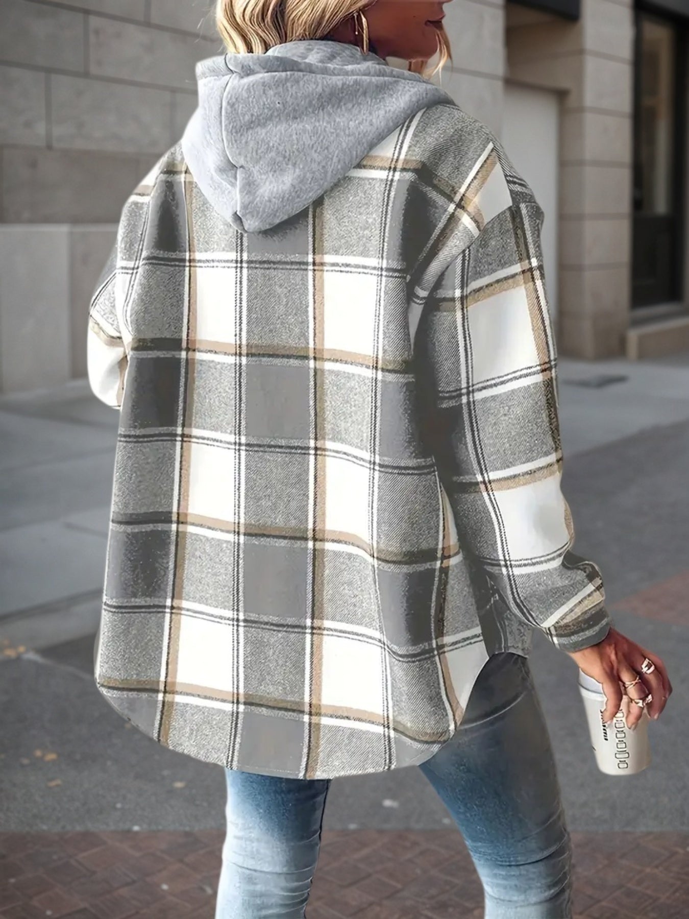 New Plaid Pattern Long Sleeved Hook And Loop Wool Lined Hooded Jacket For Warmth, Women's Plaid Hooded Drawstring Jacket, Single Breasted Closure, Comfortable And Casual CJ US