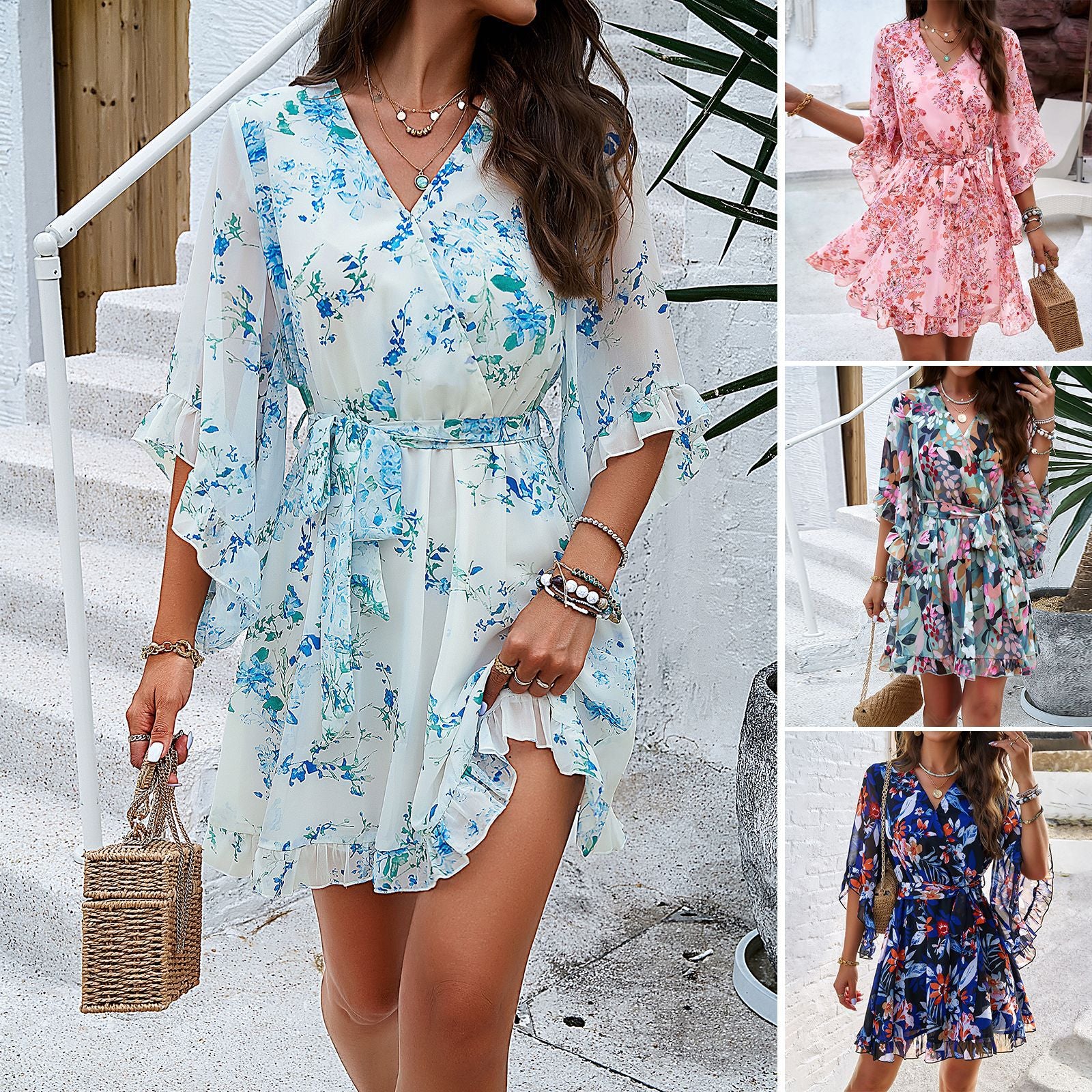 Floral Print Short Sleeves Dress V-neck Short Dresses | Diversi