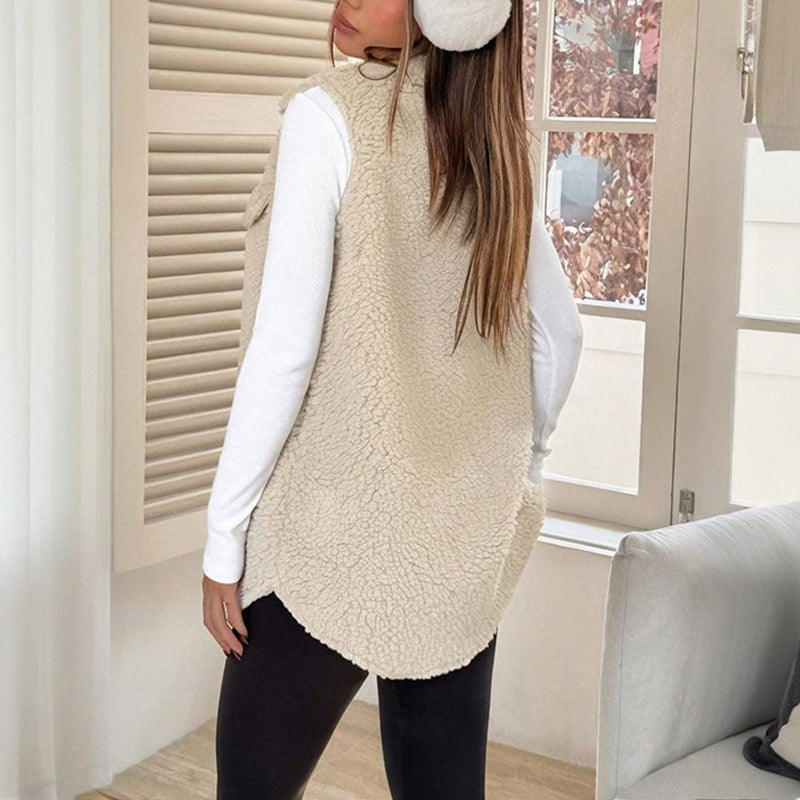 Women's Wool-Like Sleeveless Vest With Lapel, Solid Color Mid-Length Button Up Waistcoat For Layering, Casual & Formal Outfits CJ US