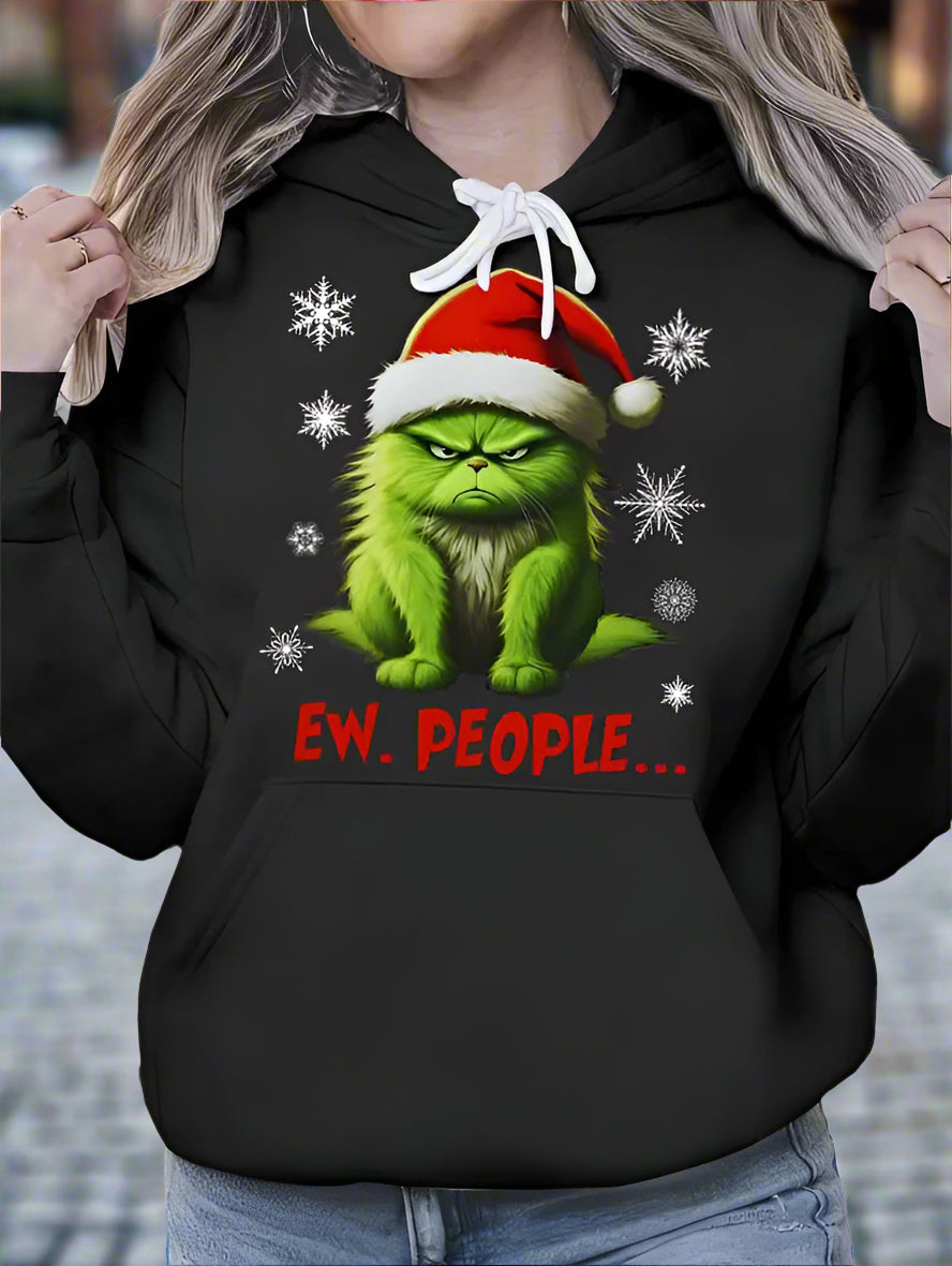 Funny Christmas Cat Ew People Meowy Cat Lovers Men Women Kid Woman'S Cozy Classic Print Pullover Hoodie, Casual Long Sleeve Multicolor Hoodie Fall And Winter Essential CJ US