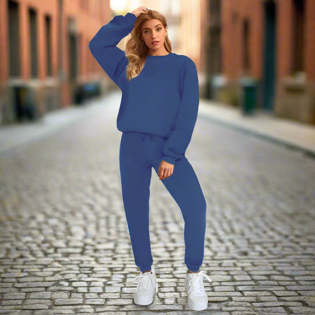 👚 Women's Solid Color Round Neck Pullover Sweatshirt & Pants Set FitiqueFit
