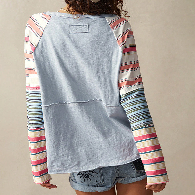 Women's Striped Long Sleeve Top Round Neck Pullover With Unique Patchwork Design For Spring&Fall CJ US