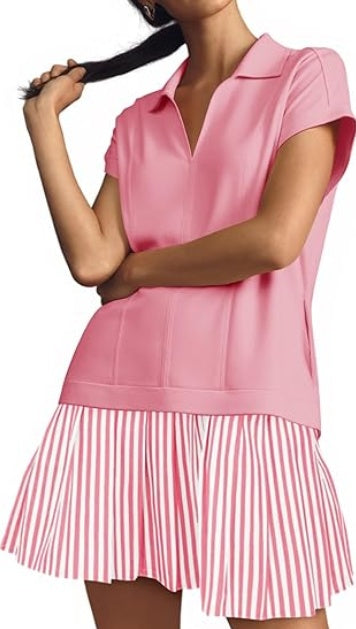 Fisoew Striped Patchwork Polo V‑Neck Mini Dress with Pockets CJ US