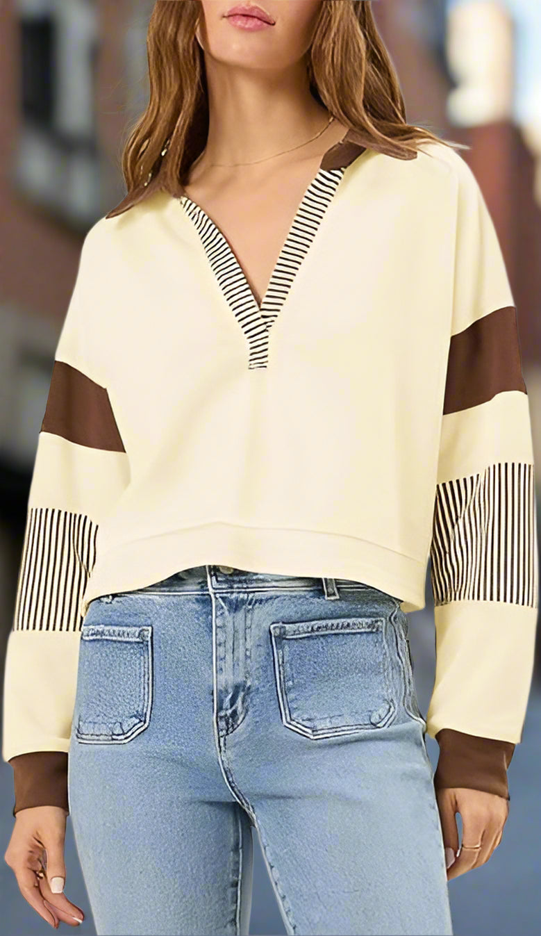 Color‑Block Cropped Polo V‑Neck Sweatshirt CJ US