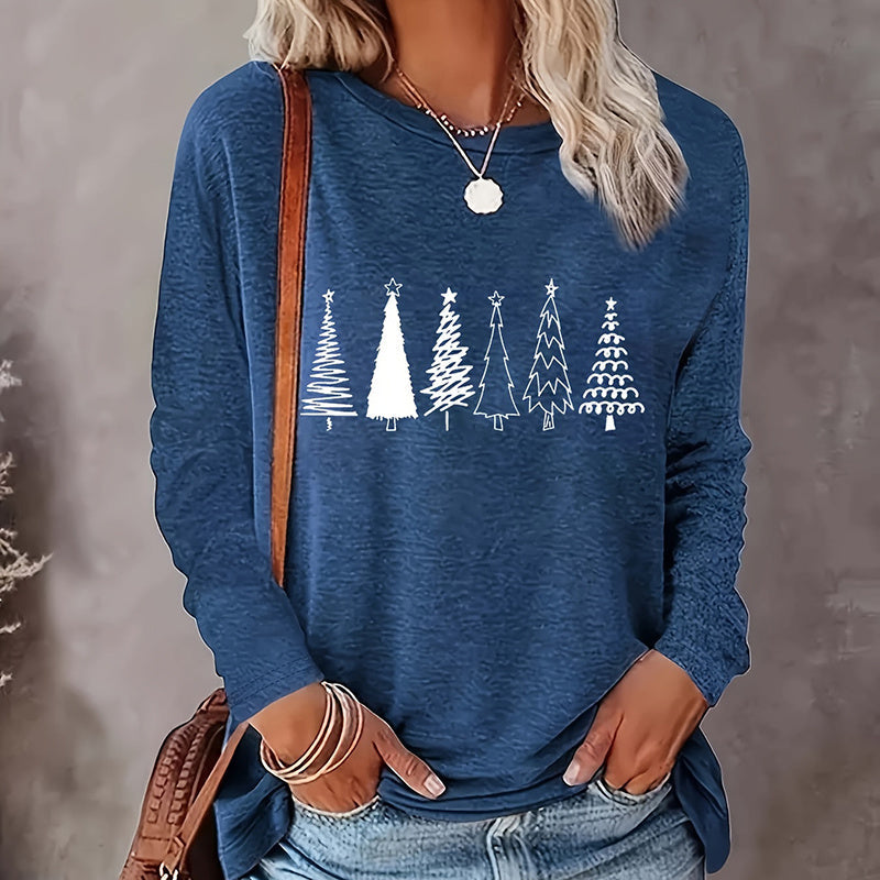Christmas Shirts For Women, Cute Christmas Tree Graphic Long Sleeve T-Shirt, Funny Holiday Xmas Top For Party, Family Matching PJ Outfit CJ US