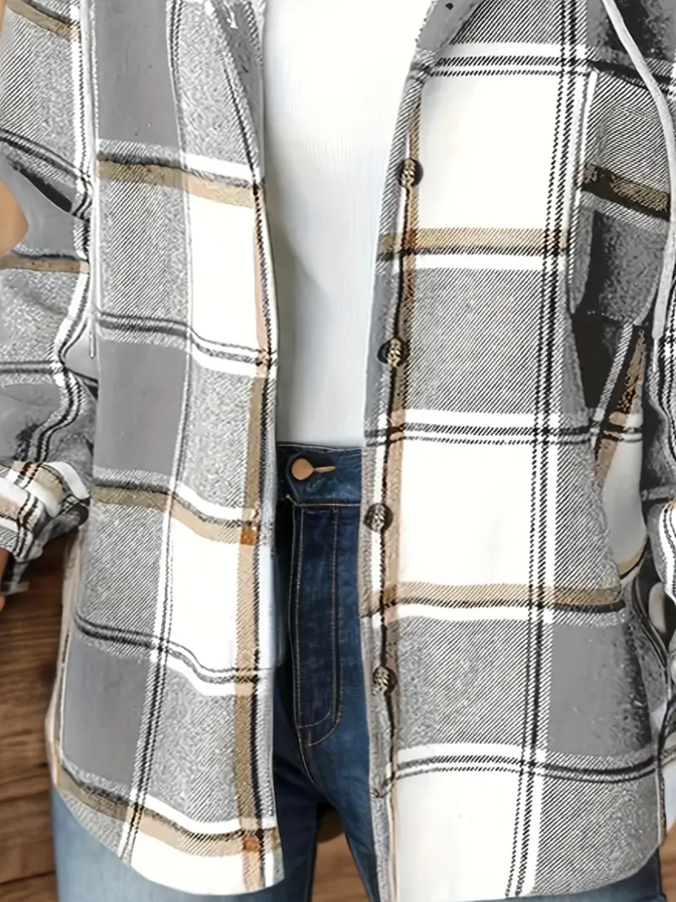 New Plaid Pattern Long Sleeved Hook And Loop Wool Lined Hooded Jacket For Warmth, Women's Plaid Hooded Drawstring Jacket, Single Breasted Closure, Comfortable And Casual CJ US