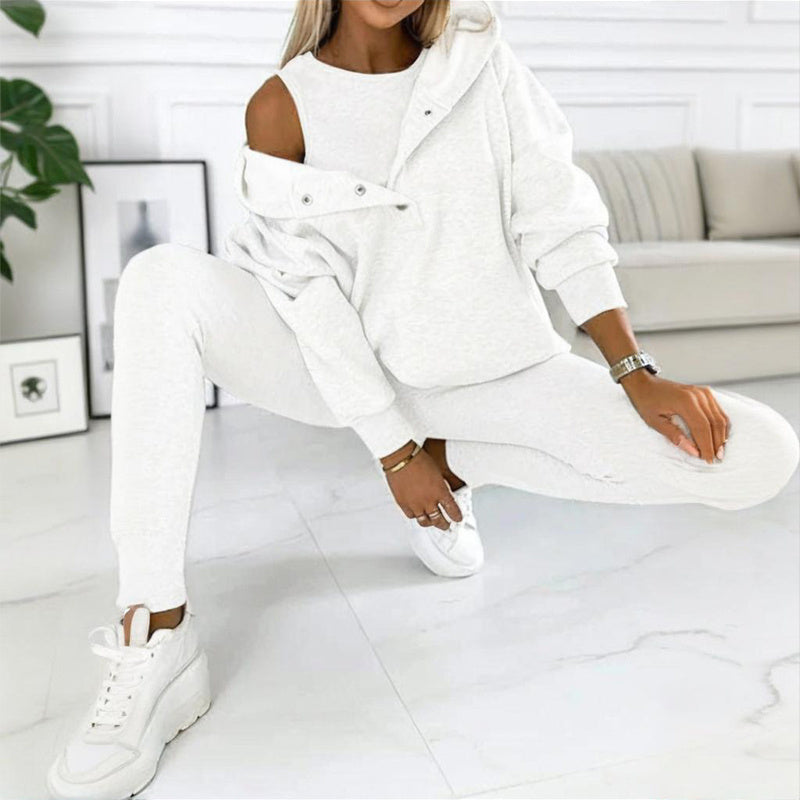 Women's Solid Color 3-Piece Set Sleeveless Vest & Hooded Button Placket Long Sleeve Sweatshirt & Slim Fit Pants Sporty Casual Outfit CJ US