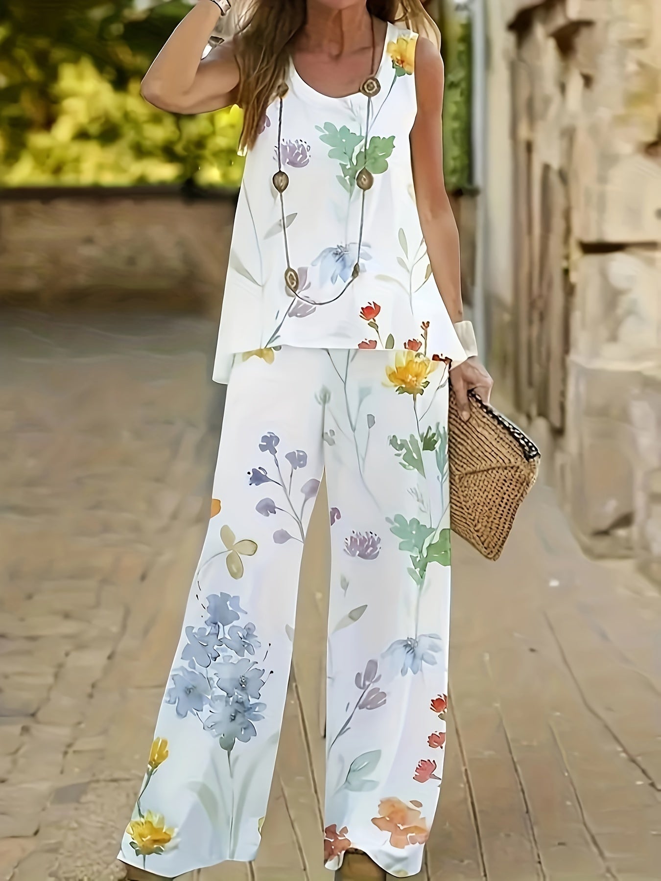 Elegant Floral Print Two-Piece Set - Round Neck CJ US