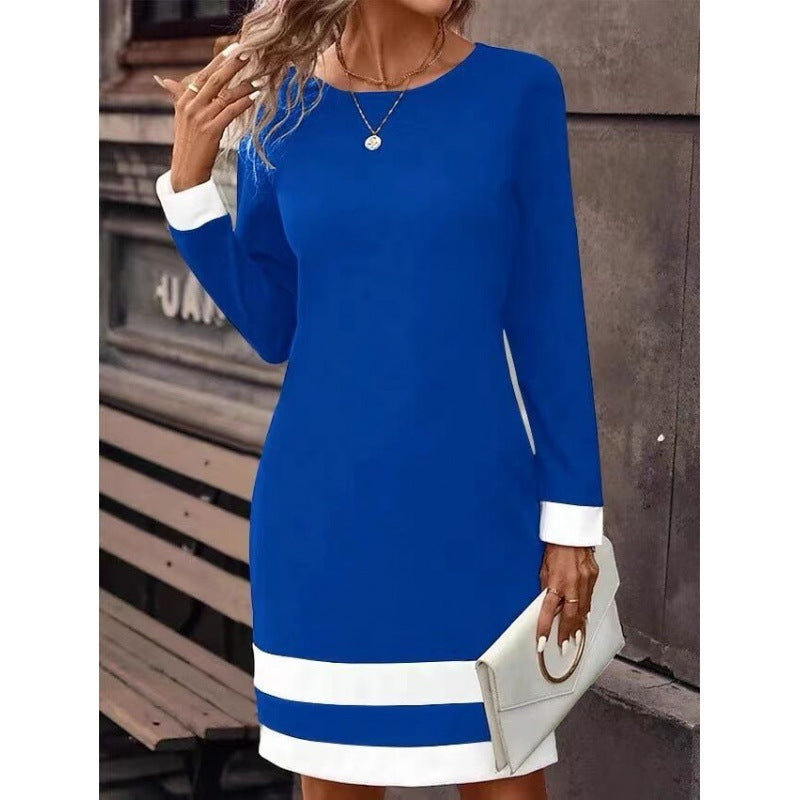 New Fashion Fitted Color-block Long-sleeve Dress With Round Neckline CJ US