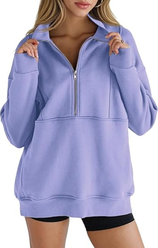 Women's Half Zip Sweatshirts Fleece Stand Collar Long Sleeve Thumb Hole Oversized Pullovers With Pockets CJ US