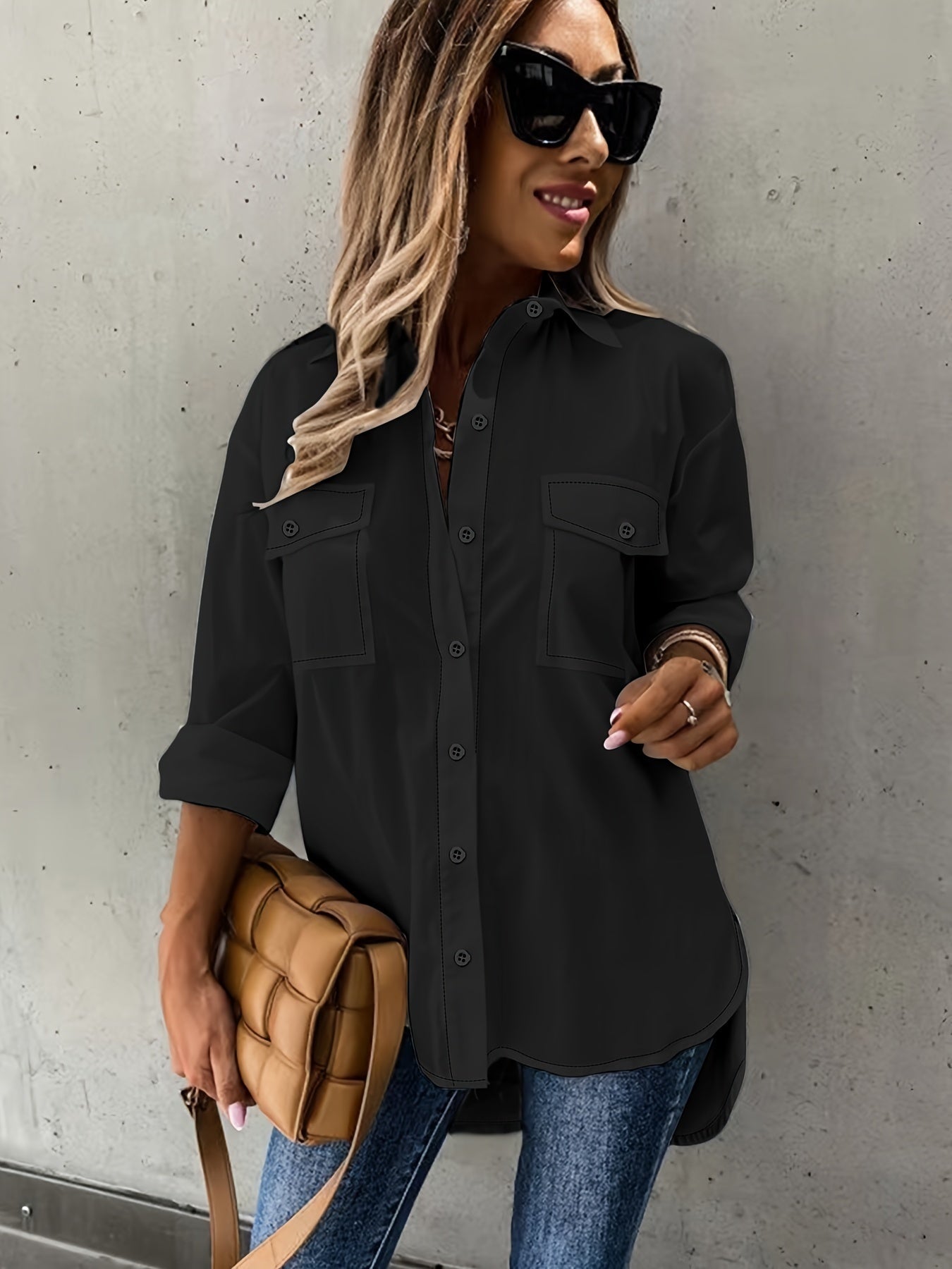Women’s Casual Long Sleeve Shirt with Pocket CJ US