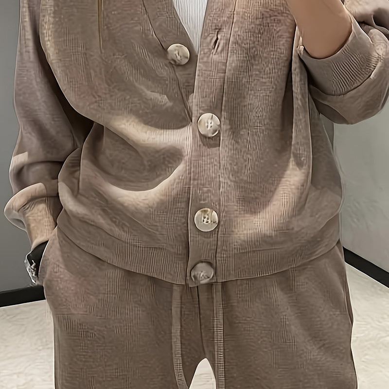 Women's Casual Knit Cardigan With Pocket & Drawstring Lounge Pants Solid Color Button Front Coat Fall Winter Loose Fit 2-Piece Outfit CJ US