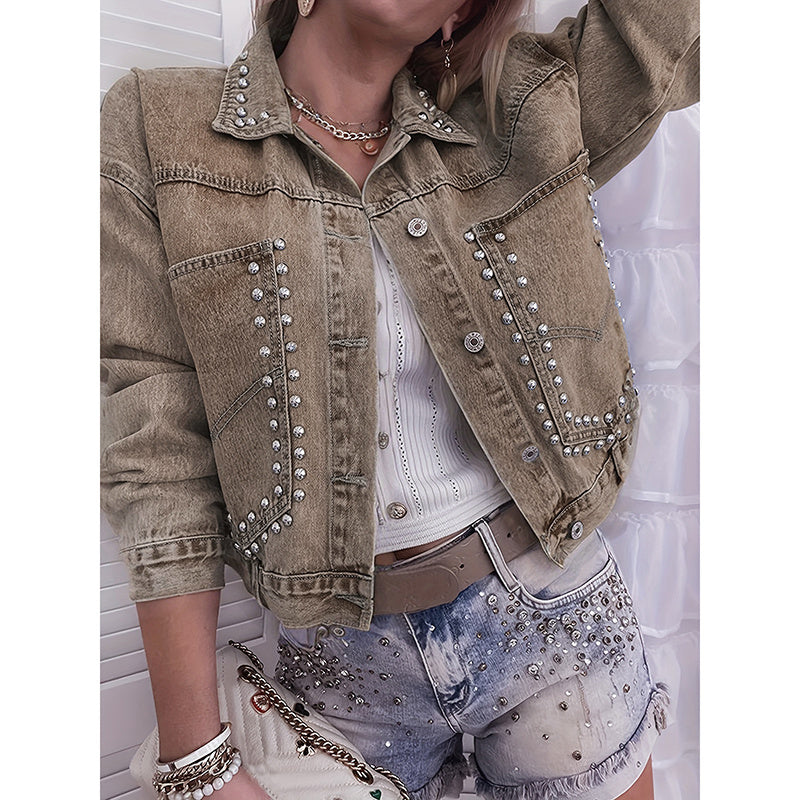 Women's Long Sleeve Rivet Studded Denim Jacket Casual Cropped Short Jean Coat CJ US
