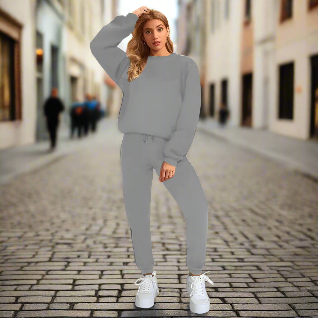 👚 Women's Solid Color Round Neck Pullover Sweatshirt & Pants Set FitiqueFit