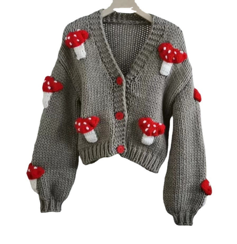 Women’s Mushroom Crochet Short Cardigan – Loose Fit Knit Sweater CJ
