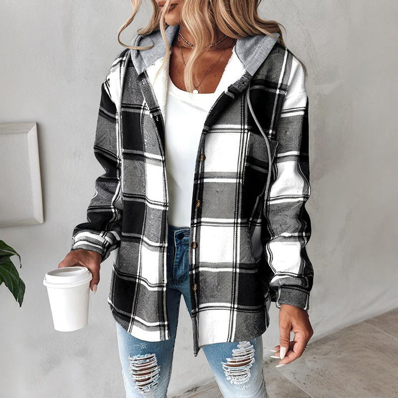 Women's Plaid Hoodie Long Sleeve Jacket Button Drawstring Casual Fall Shirts Shacket With Pocket CJ US