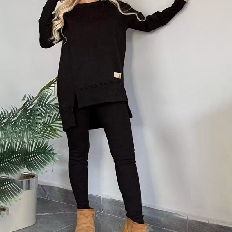 Women's 2-Piece Lounge Set, Casual Long Sleeve Side Slit Sweatshirt Outfit With Stretchy High Waist Leggings CJ US