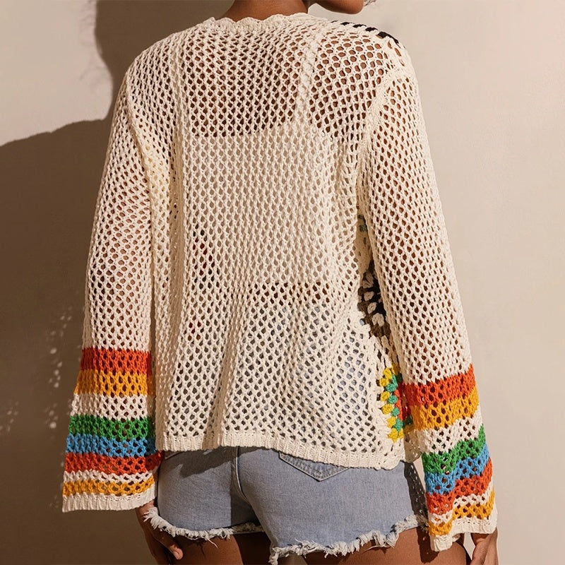 Women's Elegant Crochet Cardigan - Long Sleeve Open Front Vibrant Color Block Coat CJ