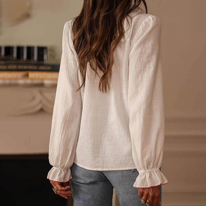 Boho Style Floral Ruffle Blouse, Women's Dressy Casual V-Neck Lantern Sleeve Button Down Shirt CJ US