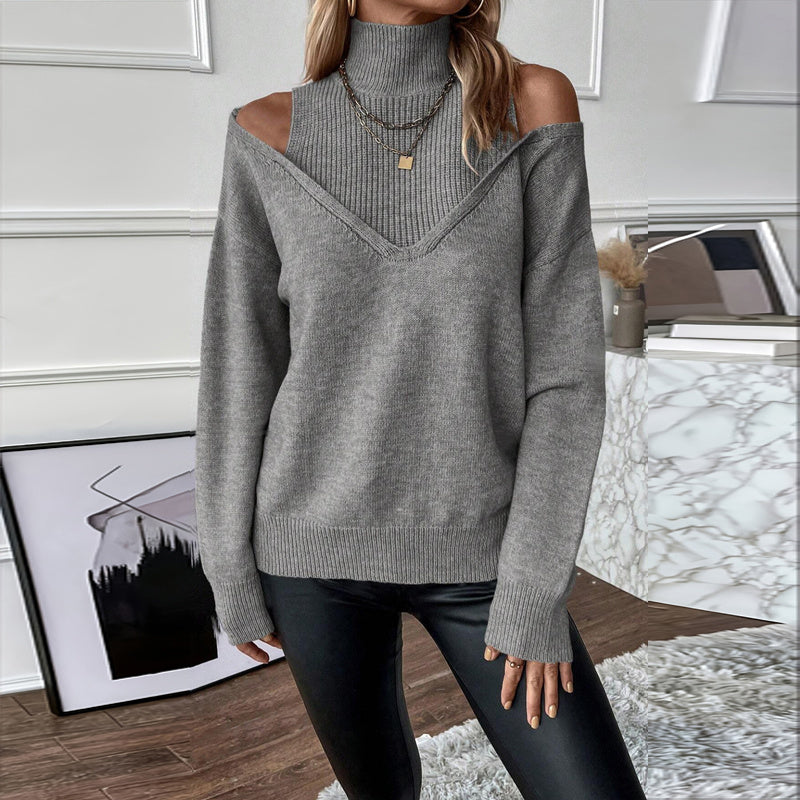 Women’s Elegant Off-Shoulder Turtleneck Sweater — Long Sleeve Knit Top CJ US