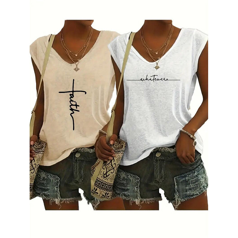 2-Pack Women's V-Neck Sleeveless Tank Tops – Loose Fit Casual Summer Beach Shirts FitiqueFit