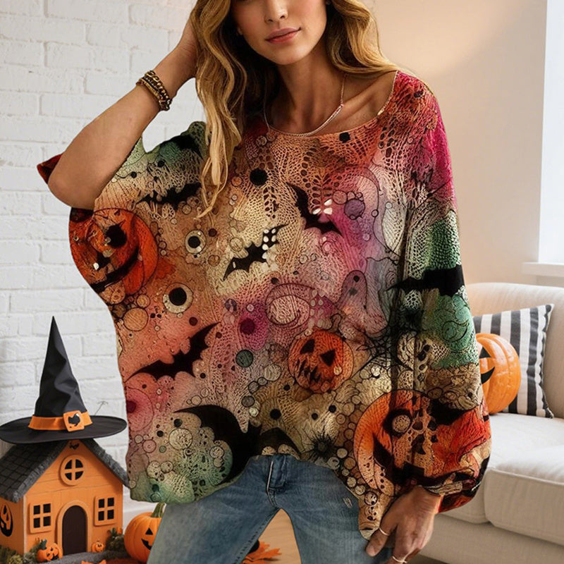 Women's Diamond Hollow Out Batwing Sleeve Top - Loose Fit Pumpkin Halloween Print Blouse For Spring Summer CJ US