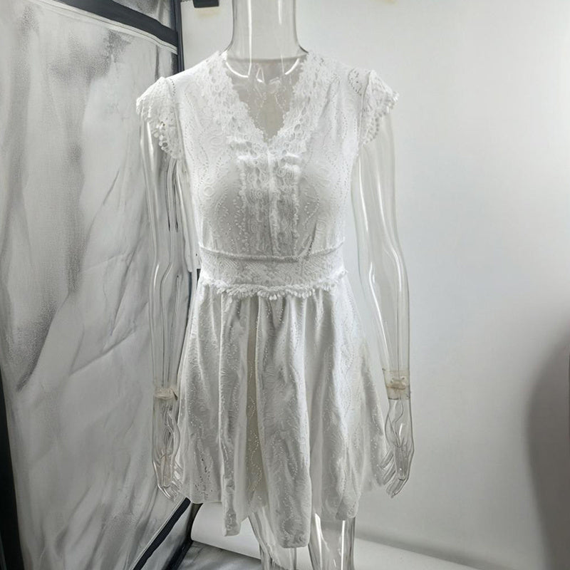 Women’s V‑Neck Short‑Sleeve Dress with Lace Trim CJ US