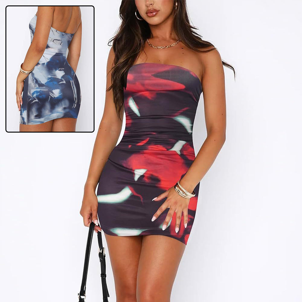 🌸 Women's Tube Top Printed Pleated Pullover Hip Wrap Short Dress FitiqueFit