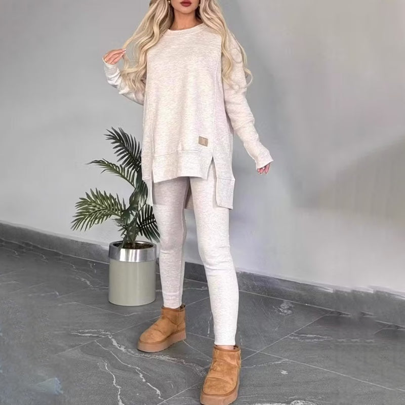 Women's 2-Piece Lounge Set, Casual Long Sleeve Side Slit Sweatshirt Outfit With Stretchy High Waist Leggings CJ US