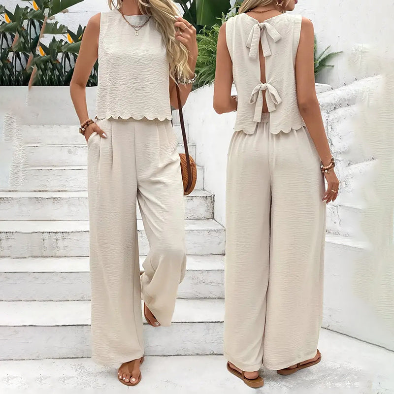 Elegant 2-Piece Matching Set, Sleeveless Crop Top And Wide Leg Pants Outfits CJ