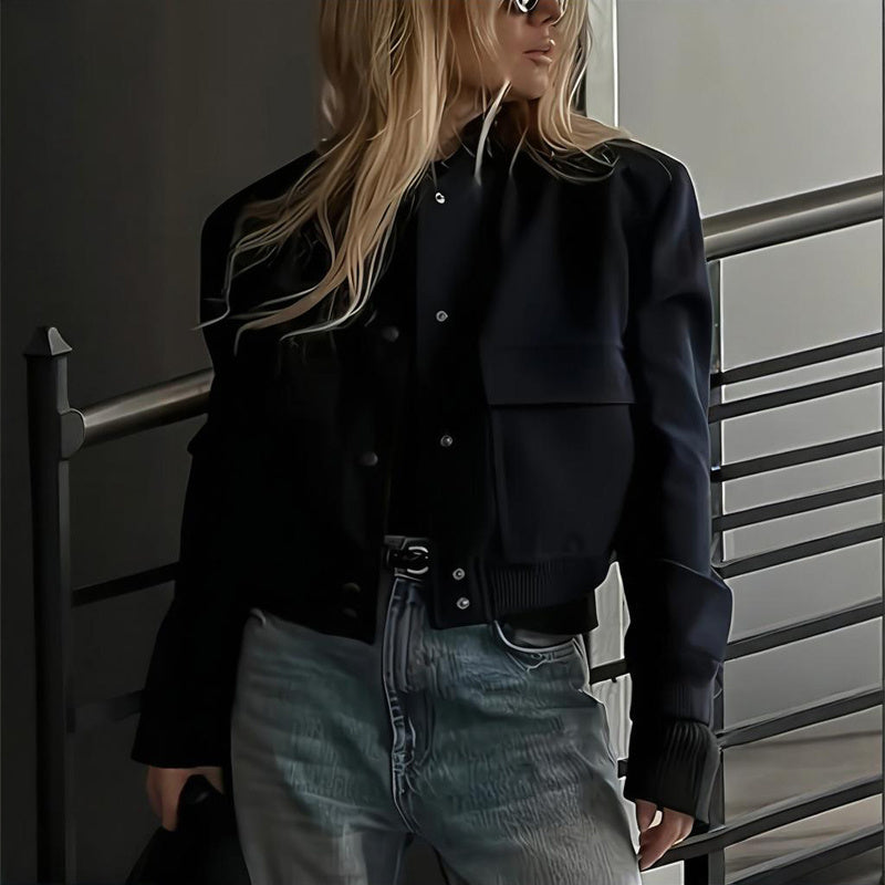 Women's Solid Color Long Sleeve Baseball Jacket With Button Front & Pockets - Casual Short Jacket For Spring&Fall Diversi Fashion™