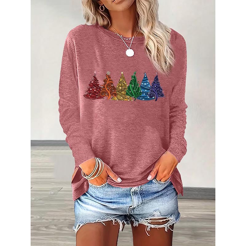 Christmas Shirts For Women, Cute Christmas Tree Graphic Long Sleeve T-Shirt, Funny Holiday Xmas Top For Party, Family Matching PJ Outfit CJ US