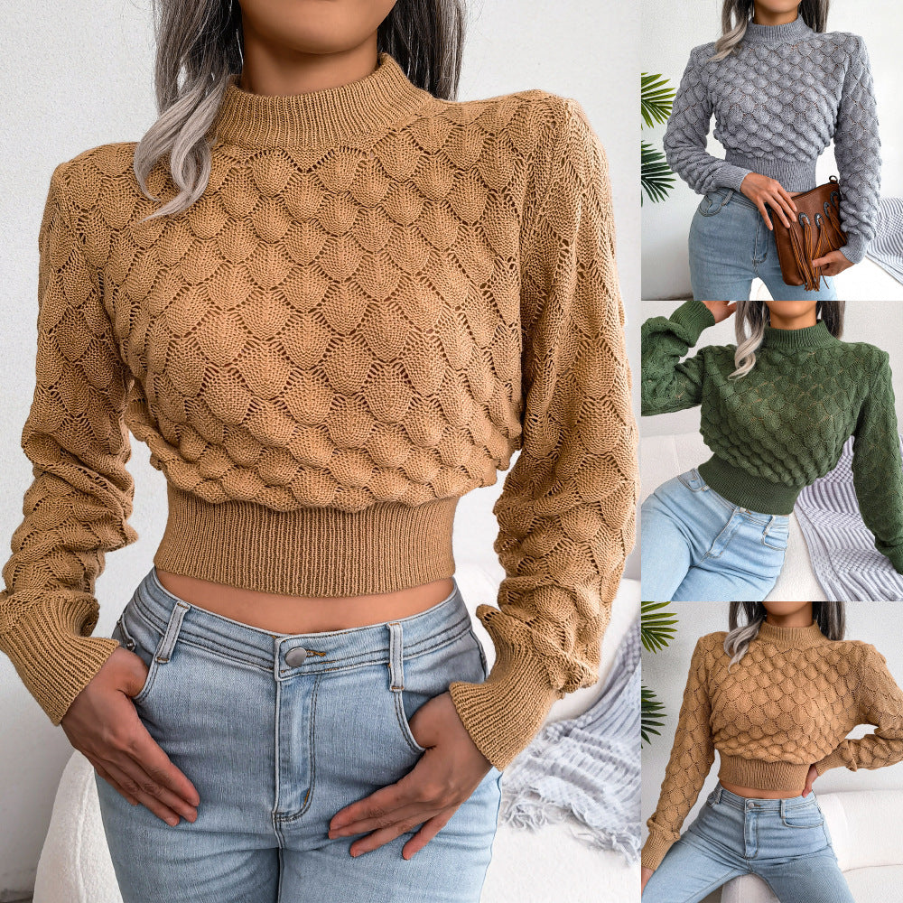 Autumn And Winter 3D Diamond Long-Sleeve Cropped Knit Sweater CJ US