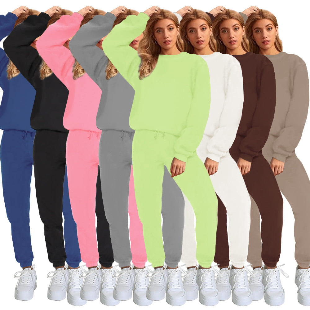 👚 Women's Solid Color Round Neck Pullover Sweatshirt & Pants Set FitiqueFit
