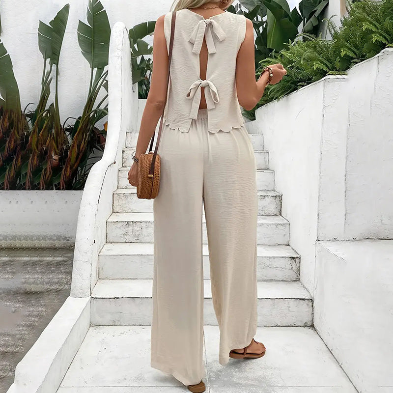 Elegant 2-Piece Matching Set, Sleeveless Crop Top And Wide Leg Pants Outfits CJ