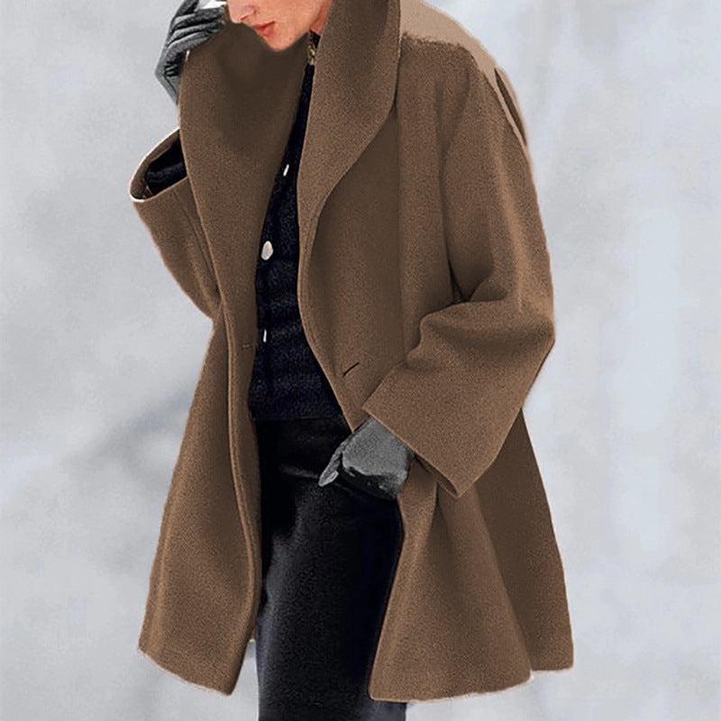 Plus Size Women's Solid Color Round Neck Button Coat - Oversized Hooded Wool-Like Long Coat For Fall&Winter CJ US