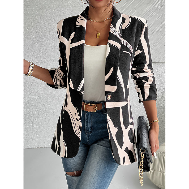 Women's Abstract Print Blazer Button Front Lapel Long Sleeve Office Blazer Elegant Work Jacket For Women CJ US