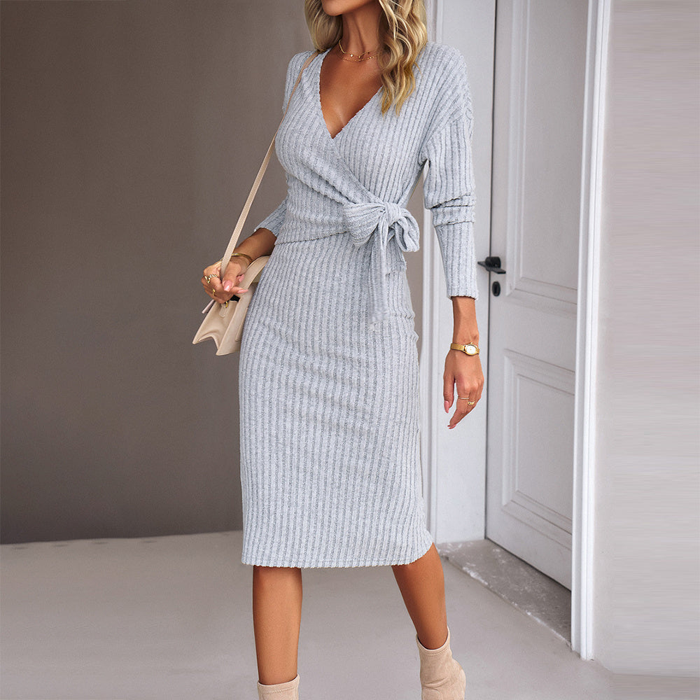 Elegant Style V-neck Solid Color Bandage Regular Sleeve Mid Dresses Light Gray CJ