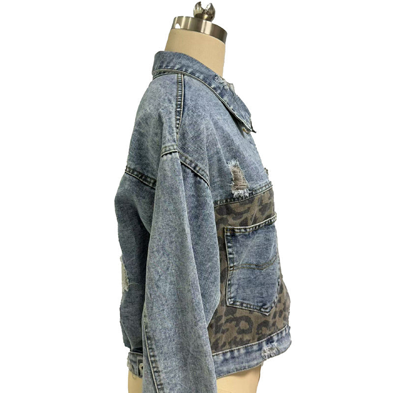 Women's Cropped Distressed Denim Jacket Ripped Button Down Jean Jacket Long Sleeve Casual Streetwear Coat CJ US