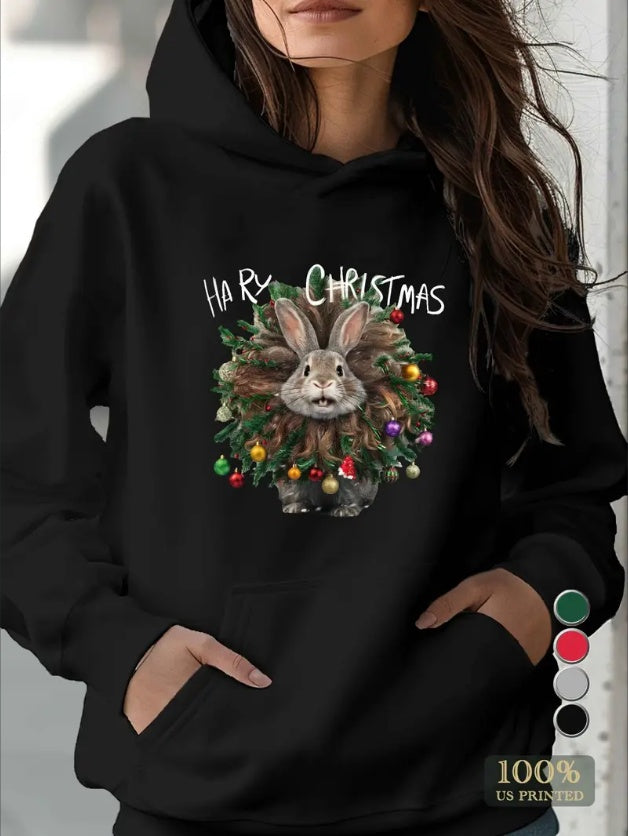 Women’s Hairy Christmas Bunny Hoodie – Funny Holiday Pullover Sweatshirt CJ US