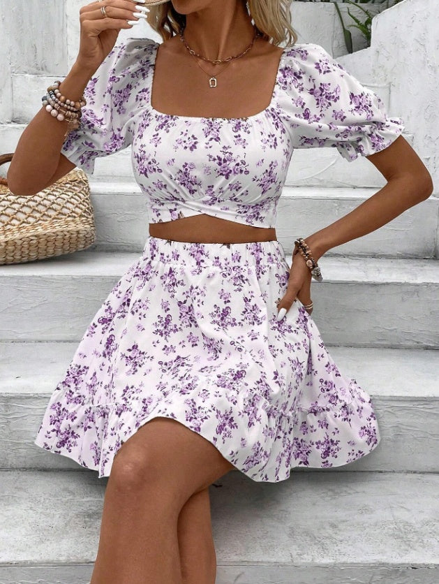 Ditsy Floral Two-Piece Set – Crop Top & Mini Skirt Summer Outfit CJ US