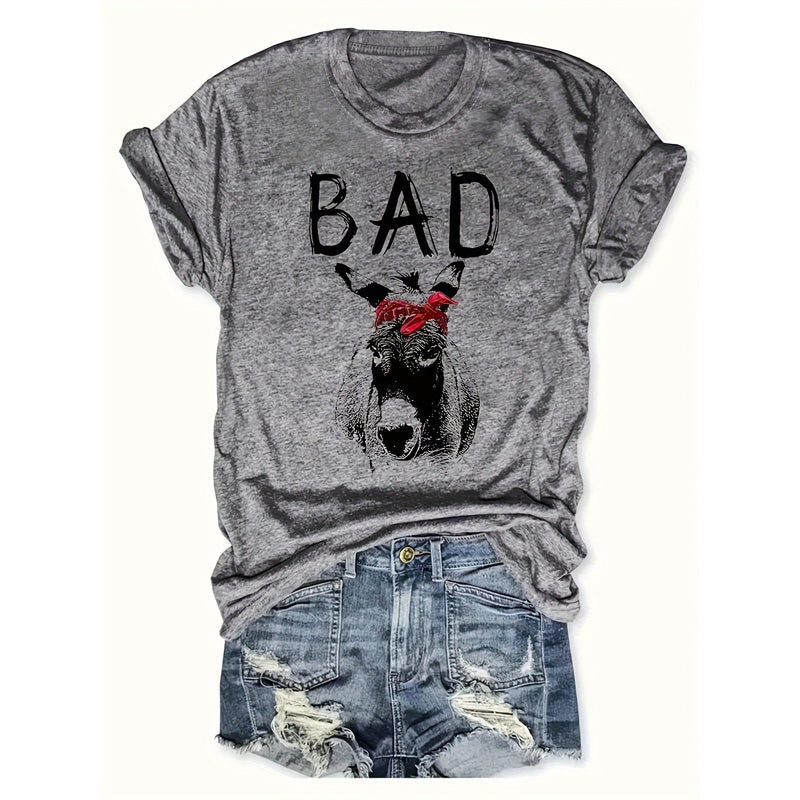 Women's Animal Letter Print Casual Short Sleeve T-Shirt Round Neck Summer Tee CJ