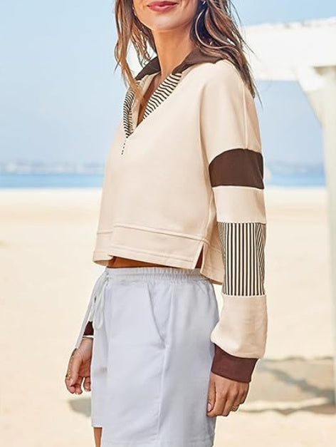 Fisoew Women's Long Sleeve Crop Tops Polo V Neck Color Block Casual Loose Pullover Cropped Sweatshirt Diversi Fashion™