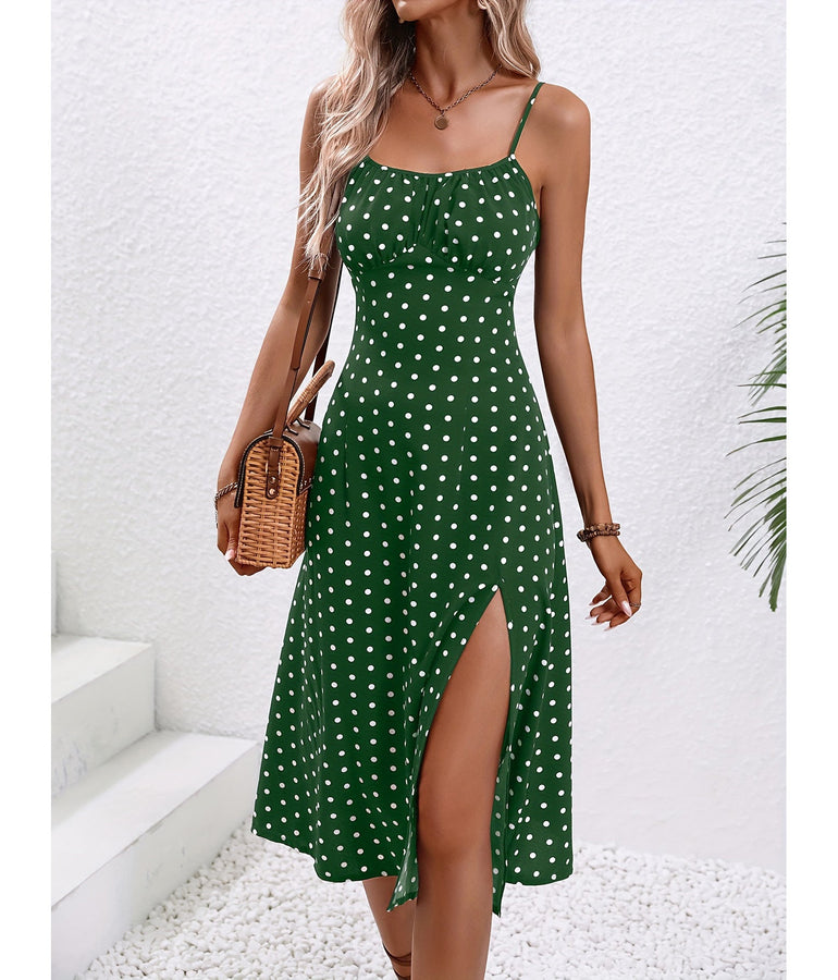 New Polka Dot Print Suspender Dress Summer Sexy Split Long Dresses For Womens Clothing FitiqueFit