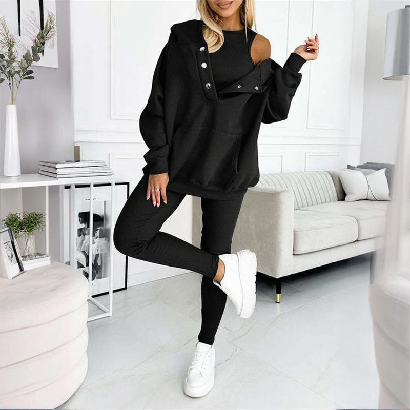 Women's Solid Color 3-Piece Set Sleeveless Vest & Hooded Button Placket Long Sleeve Sweatshirt & Slim Fit Pants Sporty Casual Outfit CJ US