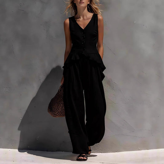 Sleeveless V-neck Ruffled Tank Top Draping Wide-leg Pants Two-piece Set 