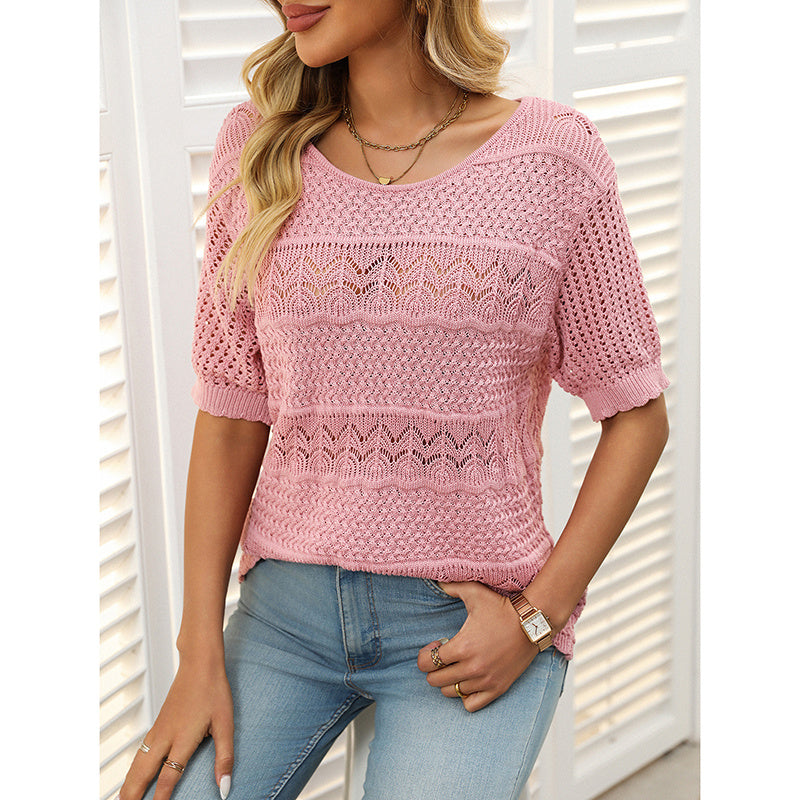 Women’s Short Sleeve Crochet Knit Hollow-Out Top CJ US